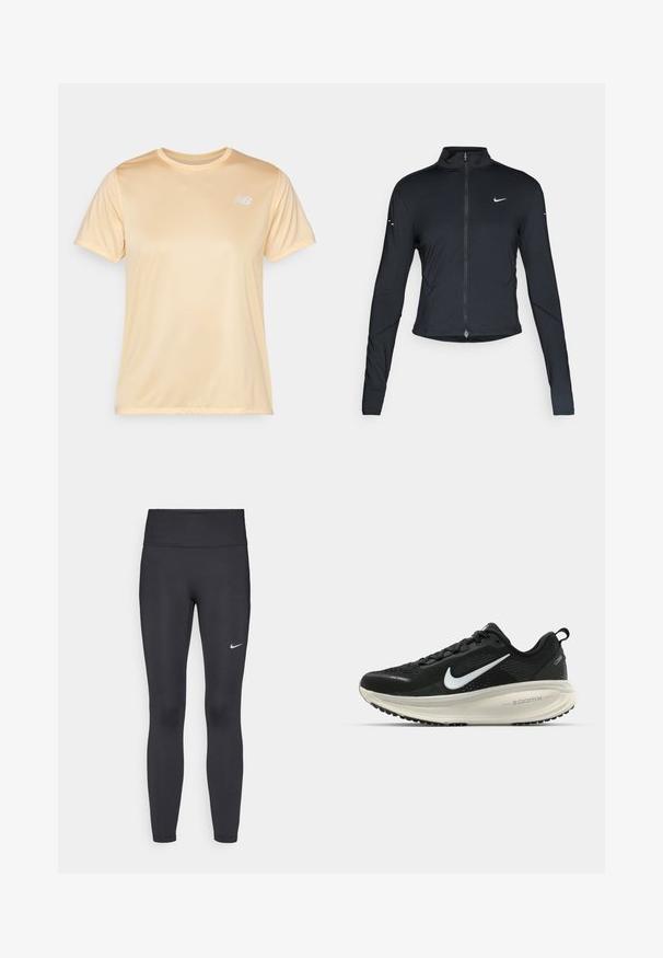 Chaqueta atlética negra de manga larga con cremallera frontal y logo de Nike en blanco en el pecho izquierdo, diseñada para un ajuste slim.; New Balance Camiseta deportiva - peach blossom; Leggings negras de tela elástica, con una cintura alta y un logo blanco de Nike en el muslo izquierdo. Textura suave, diseño ajustado.; Zapatilla de running Nike negra con parte superior de malla transpirable, logo Swoosh blanco, detalles texturizados y una entresuela ZoomX de color crema.