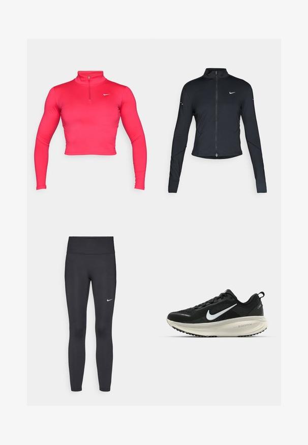 Jachetă sport neagră cu mâneci lungi, fermoar frontal și logo-ul alb al Nike pe pieptul stâng, concepută pentru o croială ajustată.; Top athletic roz cu mânecă lungă, scurtă, cu guler înalt și fermoar pe un sfert. Confecționat dintr-un material neted și elastic, cu un mic logo alb.; Leggings negre dintr-un material elastic, având talie înaltă și un logo alb Nike pe coapsa stângă. Textură netedă, design care se conturează pe corp.; Pantofii de alergare negri de la Nike, cu parte superioară din plasă respirabilă, logo-ul alb Swoosh, detalii texturate și o talpă intermediară ZoomX de culoare crem.