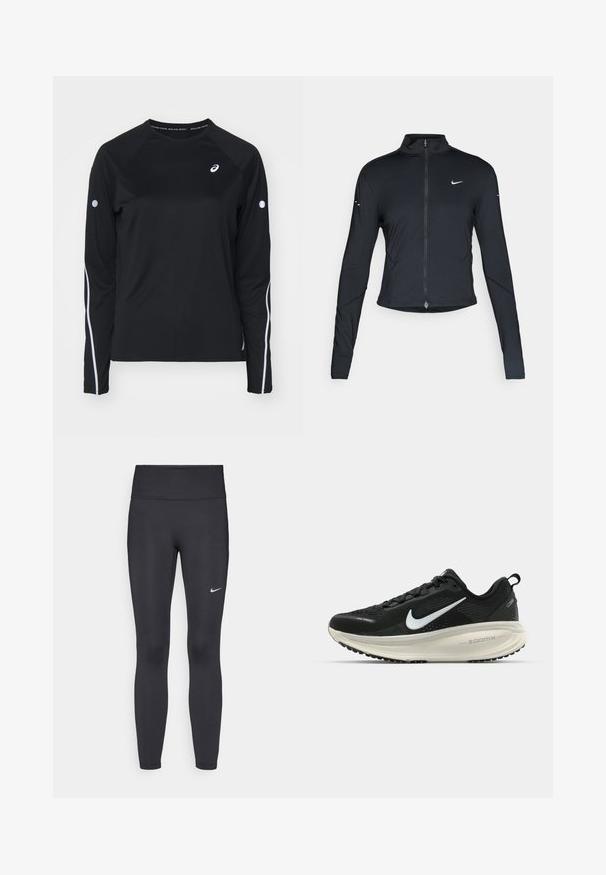 Černá sportovní bunda s dlouhým rukávem, s předním zapínáním na zip a bílým logem Nike swoosh na levé části hrudníku, navržena pro slim fit.; Černé dlouhé sportovní tričko s raglánovými rukávy, bílé reflexní pruhy podél stran a kulatý výstřih. Na hrudi má malé logo.; Černé legíny vyrobené z elastického materiálu, s vysokým pasem a bílým logem Nike na levém stehně. Hladká textura, přiléhavý střih.; Černá běžecká obuv Nike s prodyšným síťovaným svrškem, bílým logem swoosh, texturovanými detaily a krémovou mezipodešví ZoomX.