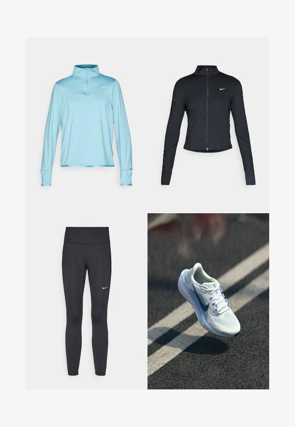 Juoda ilgomis rankovėmis sportinė striukė su priekiniais užtrauktukais ir baltu "Nike" swoosh logotipu kairėje krūtinės pusėje, sukurta siauram pritaikymui.; Šviesiai mėlynas ilgos rankovės sportinis viršus su pusiau užtrauktuku, turintis liekną kirpimą ir Nike logotipą krūtinėje. Minkšta, elastinga medžiaga.; Juodi leggingai iš elastingos medžiagos, turintys aukštą juosmenį ir baltą Nike logotipą kairėje šlaunyje. Lygus paviršius, prigludusi dizainas.; Balti sportiniai bateliai su kvėpuojančiu tinkleliu ir mėlynomis akcentais. Su minkštu padu ir plokščiomis raištelėmis. Vidpadis su ženklu "Air Zoom".