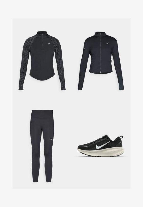 Giacca sportiva nera a maniche lunghe con zip frontale e logo Nike swoosh bianco sul lato sinistro del petto, progettata per una vestibilità slim.; Maglietta atletica nera a maniche lunghe con zip a un quarto, caratterizzata da maniche a motivo a pois e logo Nike sul petto. Texture liscia.; Leggings neri realizzati in tessuto elasticizzato, con una vita alta e un logo Nike bianco sulla coscia sinistra. Tessuto liscio, design aderente.; Scarpa da corsa nera Nike con tomaia in rete traspirante, logo Swoosh bianco, dettagli testurizzati e intersuola ZoomX di colore crema.