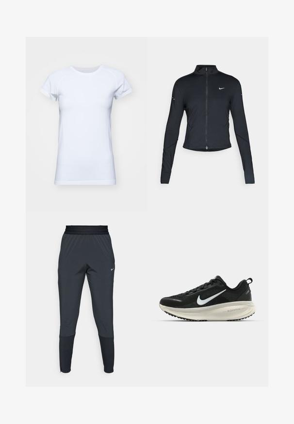 Must have pika, pikkade varrukatega sportlik jakk, ees lukuga ja valge Nike swooshi logo vasakul rinnal, mõeldud kitsaks sobivuseks.; Valge lühikeste varrukatega T-särk, mis on valmistatud siledast kangast, omab figuuri rõhutavat lõiget, raglan varrukaid ja ümmargust kaelust.; Nike spordipüksid tumeshallis, kitsa jala disainiga, elastse vöökoha ja aktsentdetailidega pahkluude lähedal.; Musthave mustus Nike jooksujalats, millel on hingav võrgust ülemine osa, valge swoosh logo, tekstuuriga detailid ja kreemja värvusega ZoomX vahevöö.