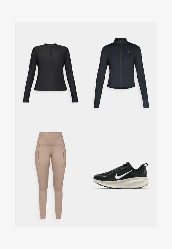 Juoda ilgomis rankovėmis sportinė striukė su priekiniais užtrauktukais ir baltu "Nike" swoosh logotipu kairėje krūtinės pusėje, sukurta siauram pritaikymui.; Juodas ilgomis rankovėmis marškinėliai, pagaminti iš lygaus, lengvo audinio. Yra užtrauktuko apykaklė ir subtilus logotipas krūtinės srityje.; Bežinės sportinės legginsai su aukštu juosmeniu, turintys dvi šonines kišenes ir lygią, elastingą medžiagą. Subtilus pilkas logotipo detalus.; Juodas Nike sportinis batelis su kvėpuojančiu tinklu, baltu swoosh logotipu, tekstūruoto dizaino detalėmis ir grietinėlės spalvos ZoomX viduriu.