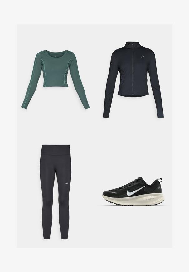 Svart långärmad träningsjacka med framdragkedja och vitt Nike-swoosh-logotyp på vänster bröst, designad för en slim fit.; Långärmad cropped topp i mörk teal tyg med kontrasterande ljusblå sömmar. Har en rund hals och en figurnära design.; Svarta leggings i elastiskt material, med hög midja och en vit Nike-logga på vänster lår. Slät textur, figurnära design.; Svart Nike löparsko med andningsbart mesh-ovandel, vit swoosh-logotyp, texturerad detaljering och en krämfärgad ZoomX-mellansula.