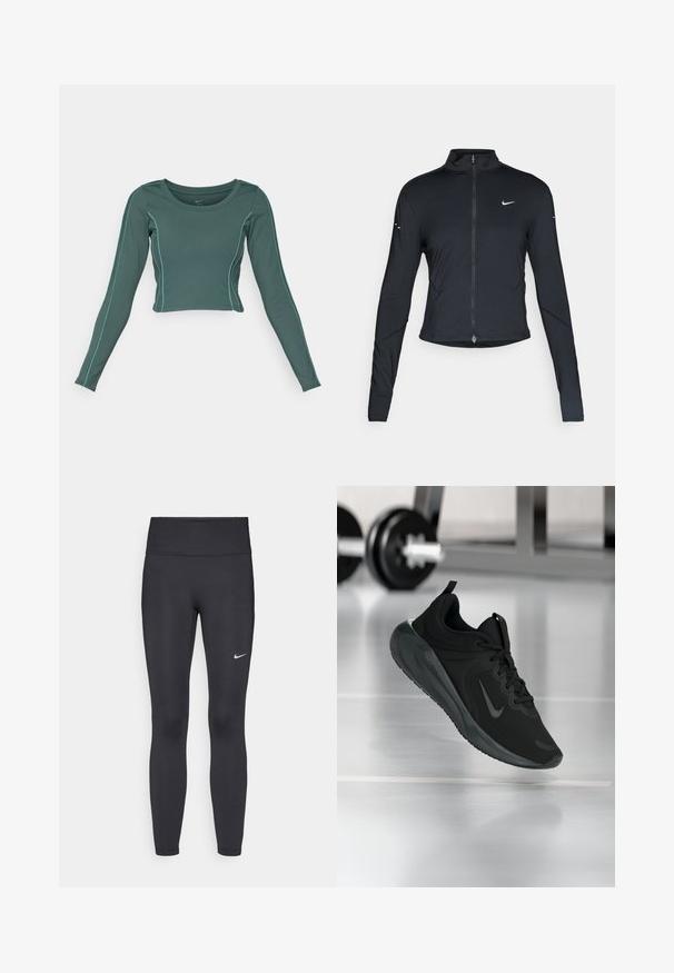 Svart långärmad träningsjacka med framdragkedja och vitt Nike-swoosh-logotyp på vänster bröst, designad för en slim fit.; Långärmad cropped topp i mörk teal tyg med kontrasterande ljusblå sömmar. Har en rund hals och en figurnära design.; Svarta leggings i elastiskt material, med hög midja och en vit Nike-logga på vänster lår. Slät textur, figurnära design.; Svarta sportskor med Nike-logotyp, visade mitt i luften på gymgolvet, med en suddig hantelställning i bakgrunden.