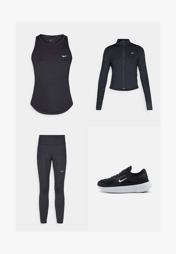 Melnā garo piedurkņu sporta jaka ar priekšējo rāvējslēdzēju un baltu Nike swoosh logo uz kreisā krūts, paredzēta ciešai piegriezei.; Melna sportiskā bezpiedurkņu krekla izgatavots no mitrumu uzsūcoša materiāla. Piedāvā noapaļotu dekoltē, šauru piegriezumu un baltu Nike logo uz krūšu daļas.; Melnas legingi, izgatavoti no elastīga auduma, ar augstu jostu un baltu Nike logotipu kreisajā augšstilbā. Gluda tekstūra, piegulošs dizains.; Melna sporta apava ar acs audumu augšdaļu, teksturētu dizainu, apaļu purngalu, baltu gumijas zoli un Nike logotipu sānos.