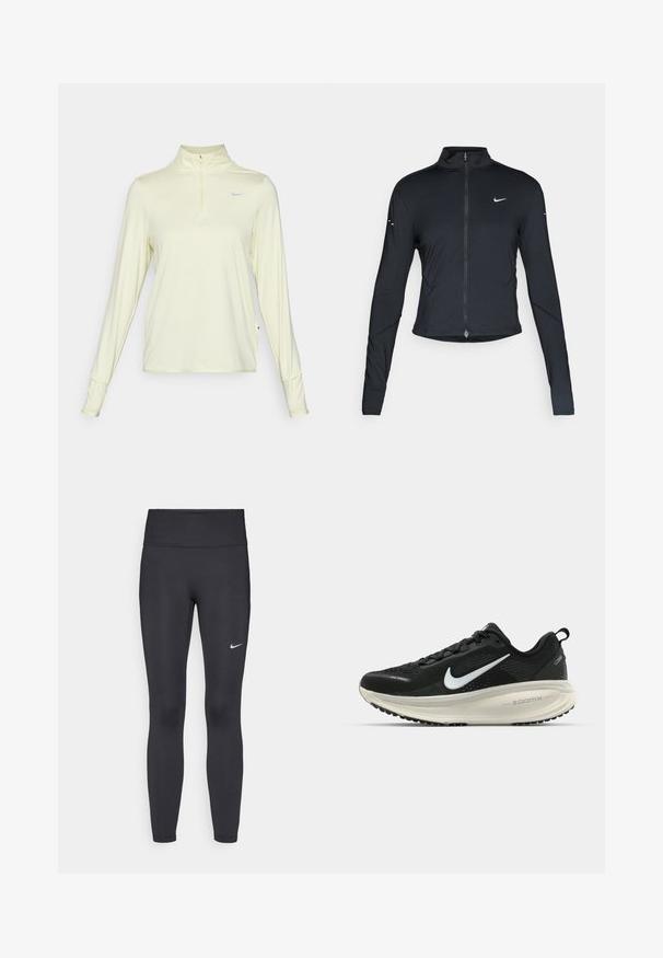 Jaqueta atlética preta de mangas longas com fecho na frente e logótipo do swoosh da Nike branco no peito esquerdo, projetada para um ajuste slim.; Nike Performance SWIFT - Camisola de manga comprida - life lime/white/reflective silver; Leggings pretos feitos de tecido elástico, com uma cintura alta e um logo branco da Nike na coxa esquerda. Textura suave, design ajustado ao corpo.; Sapatilha de corrida Nike preta com parte superior de malha respirável, logotipo Swoosh branco, detalhes texturizados e uma entressola ZoomX na cor creme.