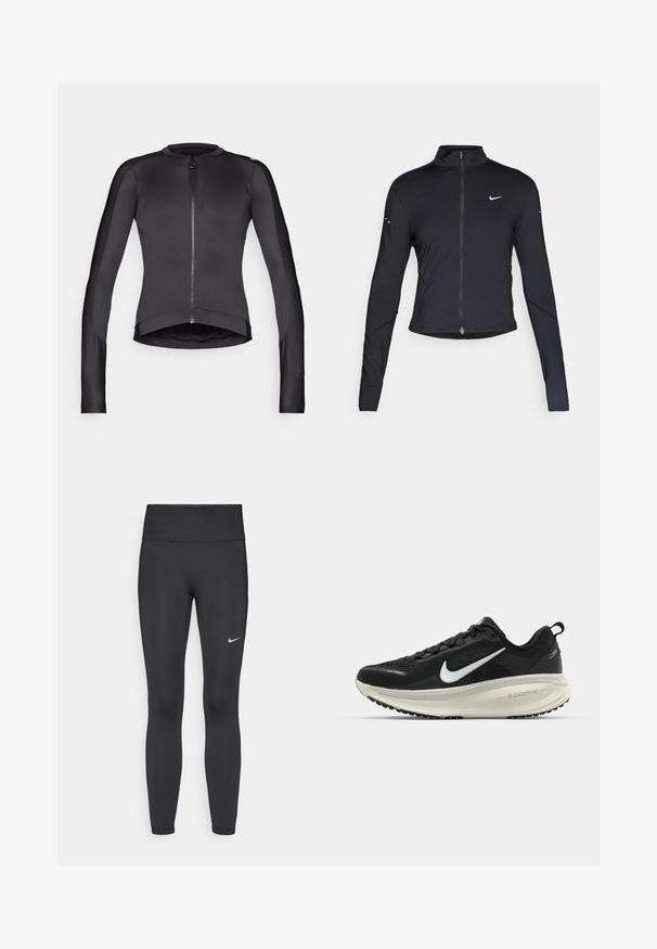 Veste de sport noire à manches longues avec fermeture éclair à l'avant et logo Nike swoosh blanc sur la poitrine gauche, conçue pour un ajustement slim.; Veste de cyclisme noire à manches longues avec une fermeture éclair sur le devant, fabriquée en tissu lisse et léger ; elle présente un col arrondi et une coupe ajustée.; Leggings noirs en tissu extensible, dotés d'une taille haute et d'un logo Nike blanc sur la cuisse gauche. Texture lisse, design ajusté.; Baskets de course noir Nike avec tige respirante en mesh, logo swoosh blanc, détails texturés et semelle intermédiaire ZoomX de couleur crème.