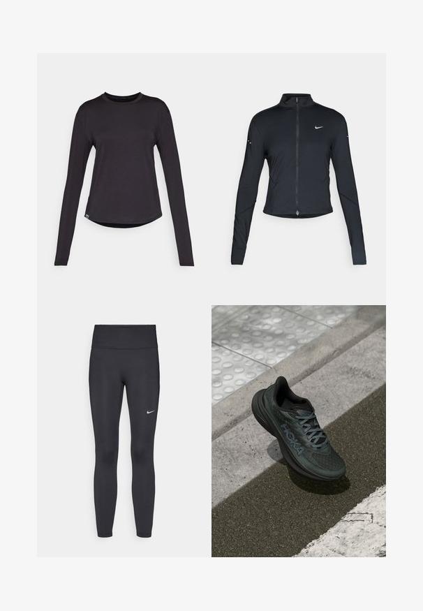 Black long-sleeve athletic jacket with front zipper and white Nike swoosh logo on left chest, designed for a slim fit.; HOKA ESSENTIAL TEE - Long sleeved top - black; Black leggings made of stretchy fabric, featuring a high waistband and a white Nike logo on the left thigh. Smooth texture, form-fitting design.; Black running shoe with mesh upper, textured accents, and logo, featuring a cushioned sole and gray laces, positioned on pavement.
