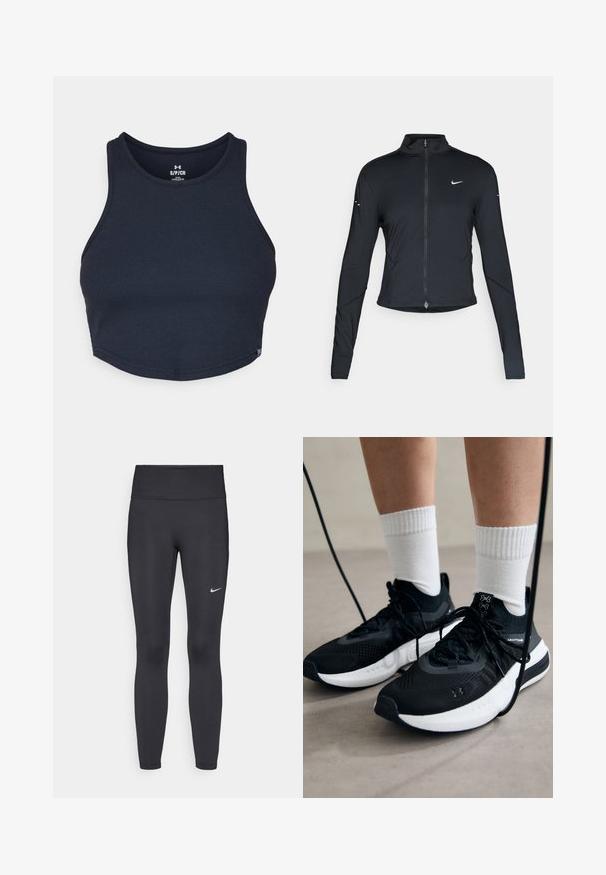 Melnā garo piedurkņu sporta jaka ar priekšējo rāvējslēdzēju un baltu Nike swoosh logo uz kreisā krūts, paredzēta ciešai piegriezei.; Tumši zila kropta bez piedurknēm augšdaļa, kas izgatavota no ribota auduma, ar apaļu kakla izgriezumu un platām plecu siksnām, ar nelielu logotipa birku apakšmalā.; Melnas legingi, izgatavoti no elastīga auduma, ar augstu jostu un baltu Nike logotipu kreisajā augšstilbā. Gluda tekstūra, piegulošs dizains.; Melni sporta apavi ar strukturētu audumu, balta zole un melni šņores. Valkāti ar baltām ribotām zeķēm, stāvot uz gaišas virsmas.