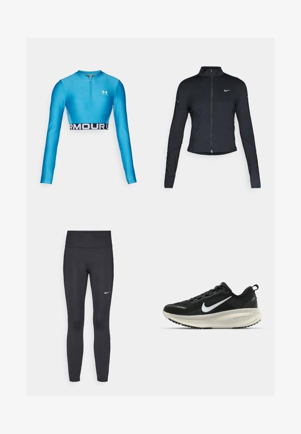 Czarna, długorękawowa, sportowa kurtka z zamkiem błyskawicznym z przodu i białym logo Nike swoosh na lewej piersi, zaprojektowana z myślą o szczupłym kroju.; Jasnoniebieski krótkie, długie rękawy top z zamkiem na szyi, z czarnym pasem w talii z napisem "ARMOUR", wykonany z gładkiego, rozciągliwego materiału.; Czarne legginsy z elastycznego materiału, z wysokim pasem i białym logo Nike na lewym udzie. Gładka tekstura, dopasowany krój.; Czarna biegowa półbut z oddychającej siateczki, białym logo swoosh, teksturowanymi detalami oraz kremową podeszwą środkową ZoomX.