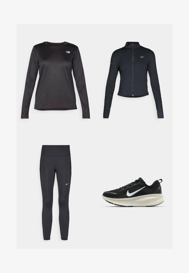 Svart langermet treningsjakke med glidelås foran og hvit Nike swoosh-logo på venstre bryst, designet for en slank passform.; Langermet svart treningstrøye laget av et glatt, lett materiale, med en subtil tekstur og en liten logo på brystet.; Sorte leggings laget av elastisk stoff, med høy livlinje og en hvit Nike-logo på venstre lår. Glatt tekstur, kroppsnær passform.; Svart Nike løpesko med pustende mesh-overdel, hvit swoosh-logo, teksturert detaljer og en kremfarget ZoomX mellomsåle.