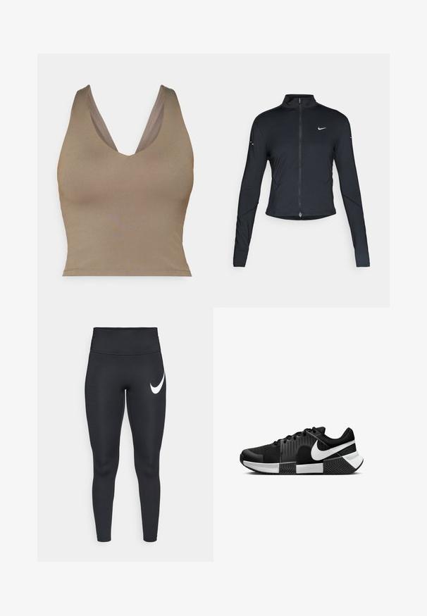 Chaqueta atlética negra de manga larga con cremallera frontal y logo de Nike en blanco en el pecho izquierdo, diseñada para un ajuste slim.; Top marrón sin mangas con un escote en V profundo. Textura suave y forma ajustada, con tirantes anchos y dobladillo recto.; Leggings deportivos de tiro alto en negro con el logo en forma de swoosh blanco de Nike en el muslo superior izquierdo, sobre un fondo blanco.; Zapatillas deportivas negras con parte superior de malla, paneles laterales texturizados y acentos en blanco. La suela está segmentada con un patrón de tracción de goma.