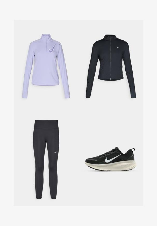 Musta pitkähihainen urheilu takki, jossa on edessä vetoketju ja valkoinen Nike-swoosh-logo vasemmassa rinnassa, suunniteltu slim fit -malliseksi.; Lilac välsittande långärmad sporttröja med halvdragkedja och broderad logga. Slät tyg med en figurnära design och krökt nederdel.; Mustat leggingsit joustavasta kankaasta, joissa on korkea vyötärö ja valkoinen Nike-logo vasemmassa reidessä. Sileä pinta, muotoaan myötäilevä suunnittelu.; Mustat Nike-juoksukengät, joissa on hengittävä verkko-osa, valkoinen swoosh-logo, teksturoitu yksityiskohtaus ja kermaisen värinen ZoomX-välipohja.
