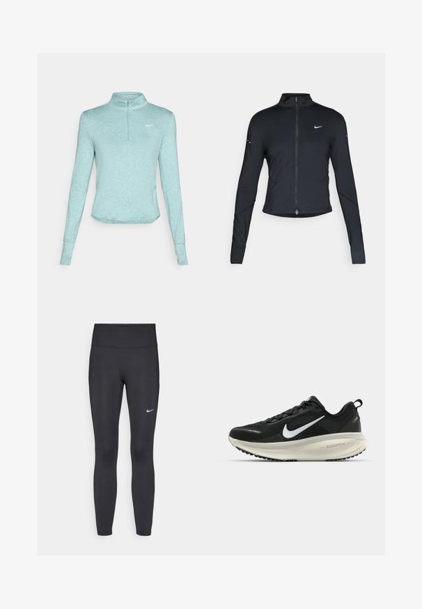 Sort langærmet træningsjakke med frontlynlås og hvid Nike swoosh-logo på venstre bryst, designet til en tætsiddende pasform.; Lyseblå, langærmet træningstop med halvlynlås-krave, der har en tekstureret stof og et lille hvidt logo på brystet.; Sorte leggings lavet af strækbart stof, med en høj talje og et hvidt Nike-logo på venstre lår. Glat tekstur, tætsiddende design.; Sort Nike løbesko med åndbart mesh-overdel, hvidt swoosh-logo, tekstureret detaljering og en cremede ZoomX mellemsål.