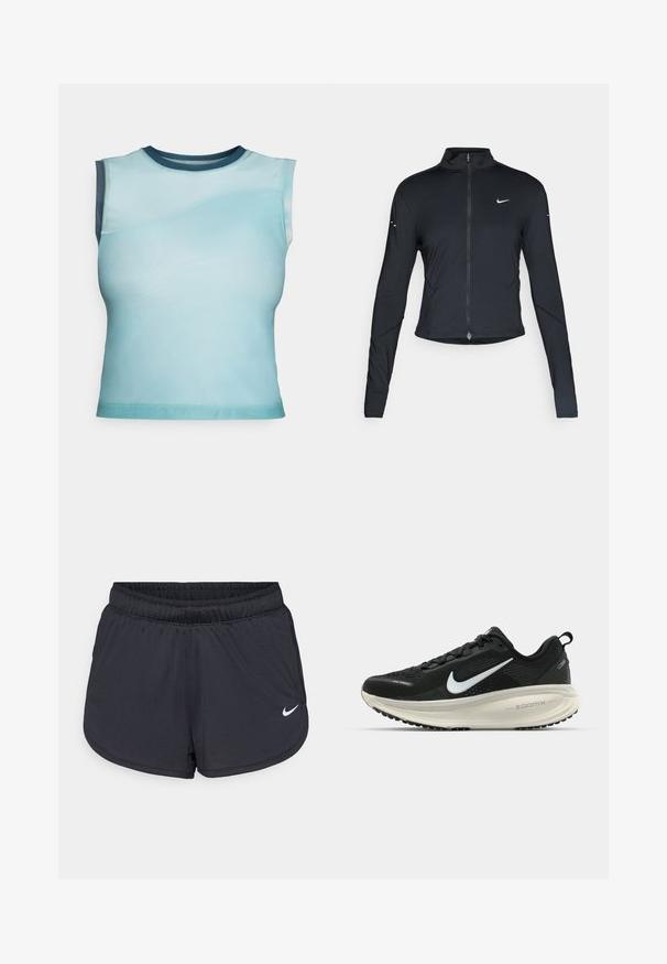 Černá sportovní bunda s dlouhým rukávem, s předním zapínáním na zip a bílým logem Nike swoosh na levé části hrudníku, navržena pro slim fit.; Bezrukávový top vyrobený z hladkého lehkého materiálu v přechodové světle modré barvě, s tmavě modrým kulatým výstřihem a zakřiveným švem.; Černé atletické šortky s elastickým pasem, sportovním designem a bílým logem Nike na spodní přední straně. Texturovaná látka.; Černá běžecká obuv Nike s prodyšným síťovaným svrškem, bílým logem swoosh, texturovanými detaily a krémovou mezipodešví ZoomX.