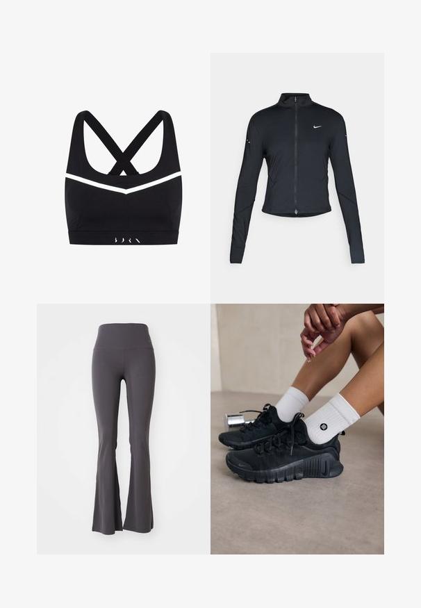 Črna dolgoprogaška jakna s dolgimi rokavi, z zadrgo spredaj in belim logotipom Nike na levem prsnem delu, zasnovana za ohlapno prileganje.; Črn športni modrček z obliko križnega hrbta, z belimi nagibi, izdelan iz raztegljivih materialov; ima širok pas z logotipom.; Sive razširjene joga hlače izdelane iz elastičnega materiala. Visok pas in gladka tekstura, z oblikovanim dizajnom do zvonastih hlačnic.; Črne športne čevlje z teksturirano tkanino, vezanim dizajnom in izrazitim podplatom, v kombinaciji z belimi rebrastimi nogavicami z majhnim logotipom.