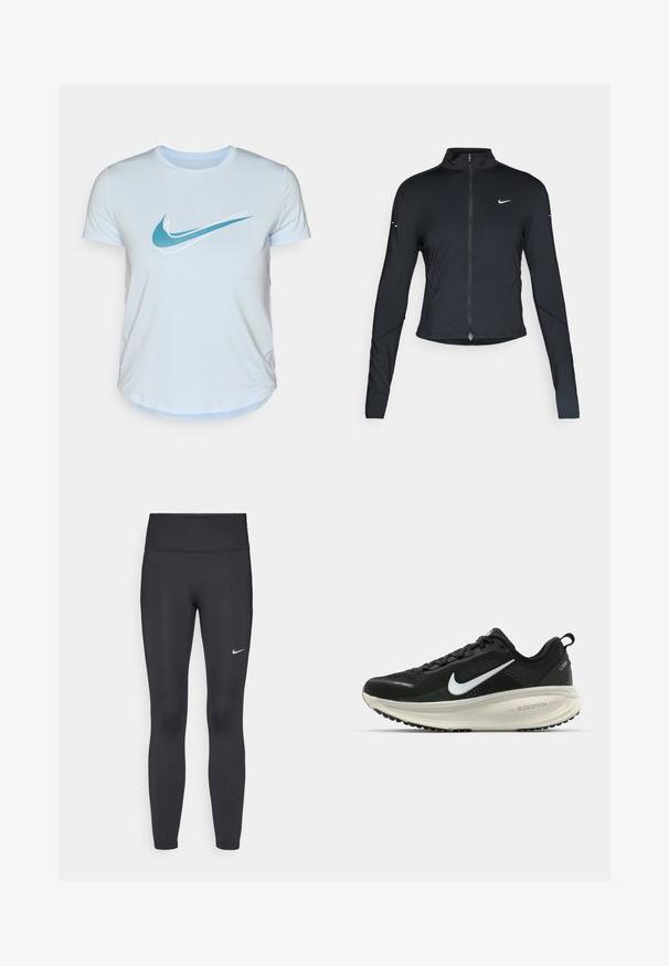 Musta pitkähihainen urheilu takki, jossa on edessä vetoketju ja valkoinen Nike-swoosh-logo vasemmassa rinnassa, suunniteltu slim fit -malliseksi.; Vaaleansiniinen Nike t-paita, jossa on lyhyet hihat, pyöreä pääntie ja kaareva helma. Etupuolella on tyylitelty valkoinen ja teal-vihreä swoosh-logo.; Mustat leggingsit joustavasta kankaasta, joissa on korkea vyötärö ja valkoinen Nike-logo vasemmassa reidessä. Sileä pinta, muotoaan myötäilevä suunnittelu.; Mustat Nike-juoksukengät, joissa on hengittävä verkko-osa, valkoinen swoosh-logo, teksturoitu yksityiskohtaus ja kermaisen värinen ZoomX-välipohja.