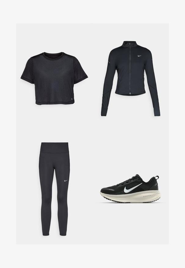 Chaqueta atlética negra de manga larga con cremallera frontal y logo de Nike en blanco en el pecho izquierdo, diseñada para un ajuste slim.; Camiseta deportiva negra recortada de manga corta, hecha de tela de malla transpirable con un patrón sutil y un pequeño logo en el dobladillo.; Leggings negras de tela elástica, con una cintura alta y un logo blanco de Nike en el muslo izquierdo. Textura suave, diseño ajustado.; Zapatilla de running Nike negra con parte superior de malla transpirable, logo Swoosh blanco, detalles texturizados y una entresuela ZoomX de color crema.