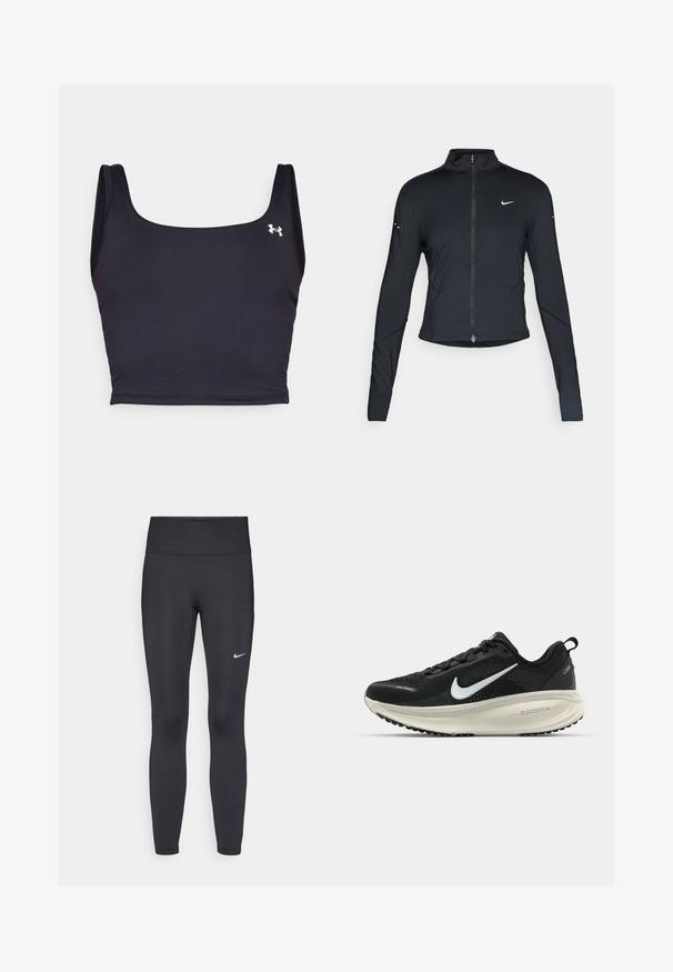 Musta pitkähihainen urheilu takki, jossa on edessä vetoketju ja valkoinen Nike-swoosh-logo vasemmassa rinnassa, suunniteltu slim fit -malliseksi.; Musta urheilu croptop, joka on valmistettu sileästä materiaalista ja jossa on neliömainen kaula-aukko ja leveät hihnat. Sisältää pienen valkoisen logon sivussa.; Mustat leggingsit joustavasta kankaasta, joissa on korkea vyötärö ja valkoinen Nike-logo vasemmassa reidessä. Sileä pinta, muotoaan myötäilevä suunnittelu.; Mustat Nike-juoksukengät, joissa on hengittävä verkko-osa, valkoinen swoosh-logo, teksturoitu yksityiskohtaus ja kermaisen värinen ZoomX-välipohja.