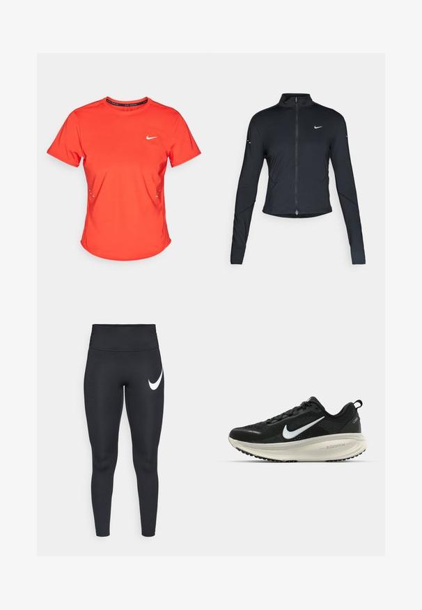 Black long-sleeve athletic jacket with front zipper and white Nike swoosh logo on left chest, designed for a slim fit.; Red athletic t-shirt made of lightweight material, featuring a round neckline, short sleeves, and a small white logo on the chest.; Black high-waisted athletic leggings with a white Nike swoosh logo on the upper left thigh against a white background.; Black Nike running shoe with breathable mesh upper, white swoosh logo, textured detailing, and a cream-colored ZoomX midsole.