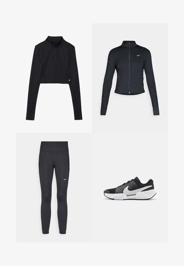 Czarna, długorękawowa, sportowa kurtka z zamkiem błyskawicznym z przodu i białym logo Nike swoosh na lewej piersi, zaprojektowana z myślą o szczupłym kroju.; Czarny, krótki top z długim rękawem i wysokim kołnierzem, z zamkiem błyskawicznym na ćwierć długości oraz przeszyciami wzdłuż rękawów i dołu.; Czarne legginsy z elastycznego materiału, z wysokim pasem i białym logo Nike na lewym udzie. Gładka tekstura, dopasowany krój.; Czarno-białe buty sportowe z teksturowaną cholewką, wyraźnym znakiem Nike oraz kontrastującą podeszwą zaprojektowaną dla lepszej przyczepności i stabilności.