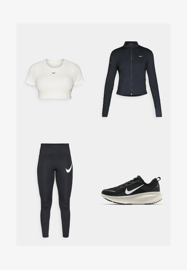 Black long-sleeve athletic jacket with front zipper and white Nike swoosh logo on left chest, designed for a slim fit.; Cropped white T-shirt made of ribbed fabric with short sleeves and a round neck; features a small black Nike logo on the chest.; Black high-waisted athletic leggings with a white Nike swoosh logo on the upper left thigh against a white background.; Black Nike running shoe with breathable mesh upper, white swoosh logo, textured detailing, and a cream-colored ZoomX midsole.