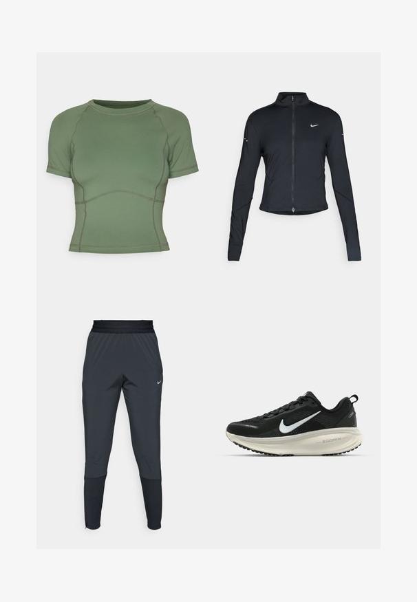 Černá sportovní bunda s dlouhým rukávem, s předním zapínáním na zip a bílým logem Nike swoosh na levé části hrudníku, navržena pro slim fit.; Krátký rukáv top v jednobarevné olivové barvě, vyrobený z hladké, elastické tkaniny s decentním tonálním šitím a přiléhavým střihem.; Nike sportovní kalhoty v tmavě šedé barvě, s tapered nohavicemi, elastickým pasem a akcentními detaily poblíž manžet.; Černá běžecká obuv Nike s prodyšným síťovaným svrškem, bílým logem swoosh, texturovanými detaily a krémovou mezipodešví ZoomX.