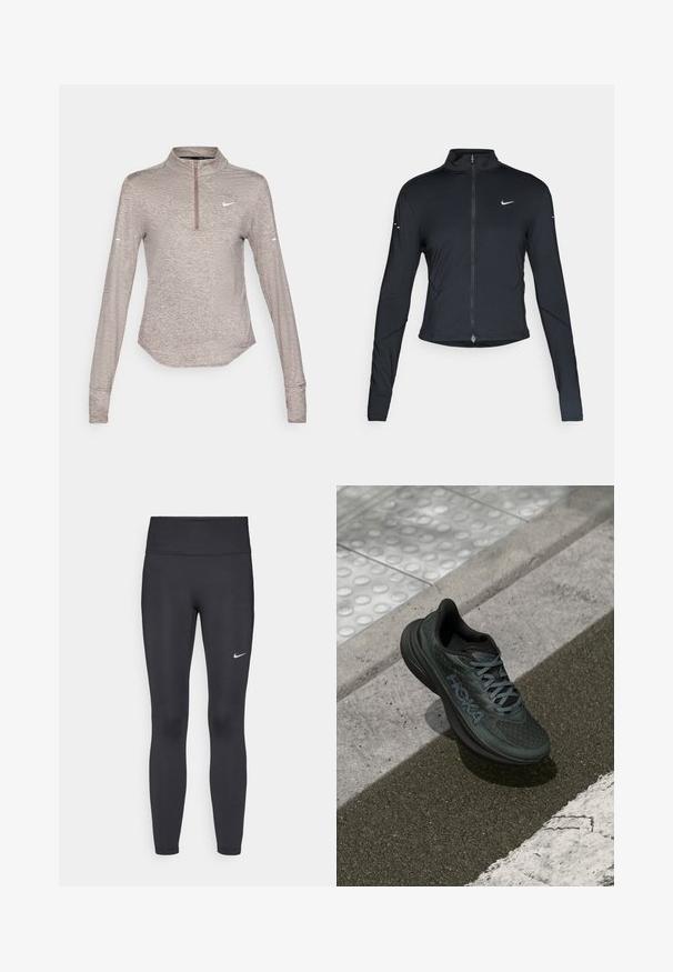 Črna dolgoprogaška jakna s dolgimi rokavi, z zadrgo spredaj in belim logotipom Nike na levem prsnem delu, zasnovana za ohlapno prileganje.; Svetlo rjavo športno majico z dolgimi rokavi in četrt zadrgo, teksturirana tkanina ter majhen bel Nike logotip na prsih.; Črne legice iz elastične tkanine, z visokim pasom in belim Nike logo na levem stegnu. Gladka tekstura, oblikovno prilegajoč dizajn.; Črne tekaške čevlje z mrežasto zgornjim delom, teksturiranimi detajli in logotipom, ki imajo oblazinjen podplat in sivo vezalko, postavljene na asfaltu.