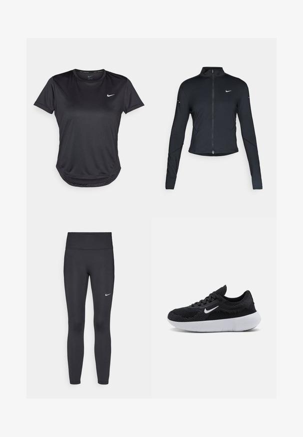Black long-sleeve athletic jacket with front zipper and white Nike swoosh logo on left chest, designed for a slim fit.; Black short-sleeve athletic shirt made of smooth, breathable fabric. Features a rounded neckline and a small white Nike logo on the chest.; Black leggings made of stretchy fabric, featuring a high waistband and a white Nike logo on the left thigh. Smooth texture, form-fitting design.; Black athletic shoe with a mesh upper, textured design, round toe, white rubber sole, and a Nike logo on the side.