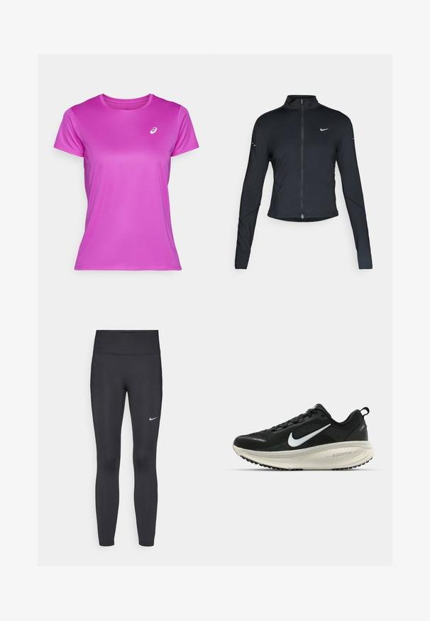Černá sportovní bunda s dlouhým rukávem, s předním zapínáním na zip a bílým logem Nike swoosh na levé části hrudníku, navržena pro slim fit.; ASICS CORE TOP - Sportovní tričko - bold magenta; Černé legíny vyrobené z elastického materiálu, s vysokým pasem a bílým logem Nike na levém stehně. Hladká textura, přiléhavý střih.; Černá běžecká obuv Nike s prodyšným síťovaným svrškem, bílým logem swoosh, texturovanými detaily a krémovou mezipodešví ZoomX.