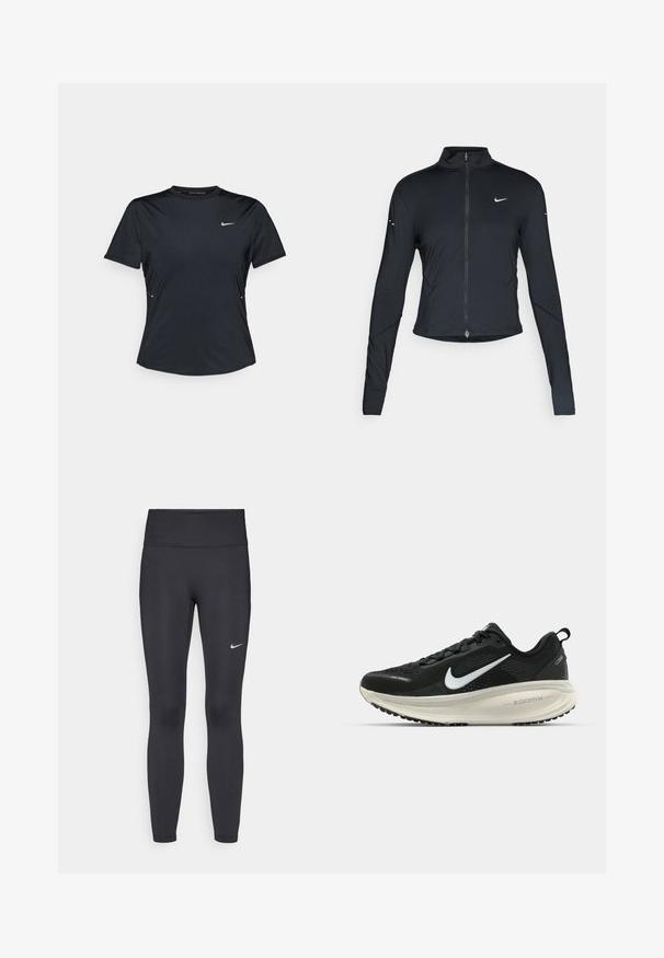 Czarna, długorękawowa, sportowa kurtka z zamkiem błyskawicznym z przodu i białym logo Nike swoosh na lewej piersi, zaprojektowana z myślą o szczupłym kroju.; Czarna, krótko rękawowa koszulka sportowa wykonana z lekkiego, odprowadzającego wilgoć materiału. Posiada okrągły dekolt i małe białe logo Nike na piersi.; Czarne legginsy z elastycznego materiału, z wysokim pasem i białym logo Nike na lewym udzie. Gładka tekstura, dopasowany krój.; Czarna biegowa półbut z oddychającej siateczki, białym logo swoosh, teksturowanymi detalami oraz kremową podeszwą środkową ZoomX.