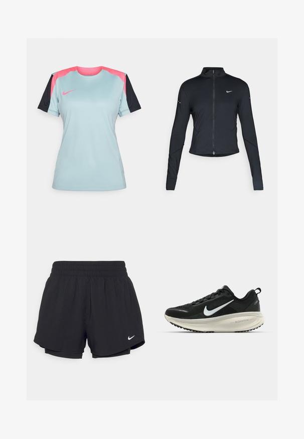 Jaqueta atlética preta de mangas longas com fecho na frente e logótipo do swoosh da Nike branco no peito esquerdo, projetada para um ajuste slim.; Camisola desportiva azul claro com mangas pretas, com detalhes em rosa nos ombros e um pequeno logo da Nike em rosa no peito. Tecido texturizado.; Calções atléticos pretos com um cós elástico franzido, forro interior e o logótipo da Nike em branco no lado inferior esquerdo. Tecido suave e leve.; Sapatilha de corrida Nike preta com parte superior de malha respirável, logotipo Swoosh branco, detalhes texturizados e uma entressola ZoomX na cor creme.