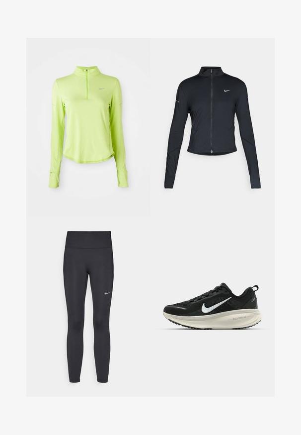 Melnā garo piedurkņu sporta jaka ar priekšējo rāvējslēdzēju un baltu Nike swoosh logo uz kreisā krūts, paredzēta ciešai piegriezei.; Gaiši zaļš garām piedurknēm sporta krekls ar ceturtdaļas rāvējslēdzēju, apaļu kakla izgriezumu, pirkstu caurumiem piedurknēs un mazu atstarojošu Nike logotipu uz krūškurvja.; Melnas legingi, izgatavoti no elastīga auduma, ar augstu jostu un baltu Nike logotipu kreisajā augšstilbā. Gluda tekstūra, piegulošs dizains.; Melnas Nike skriešanas kurpes ar elpojošu acs augšdaļu, baltu Swoosh logotipu, strukturētu apdari un krēmkrāsas ZoomX starpsole.