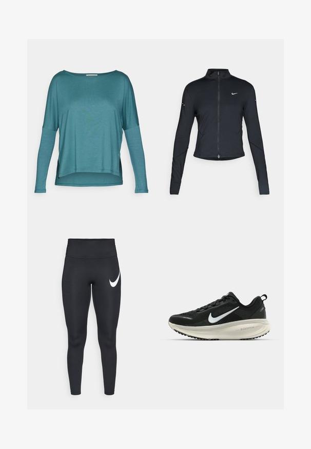 Svart langermet treningsjakke med glidelås foran og hvit Nike swoosh-logo på venstre bryst, designet for en slank passform.; Yogasearcher DAKSHA - Topper langermet - paon; Sorte høyhåndte treningslegginger med en hvit Nike swoosh-logo på den øvre venstre låret mot en hvit bakgrunn.; Svart Nike løpesko med pustende mesh-overdel, hvit swoosh-logo, teksturert detaljer og en kremfarget ZoomX mellomsåle.