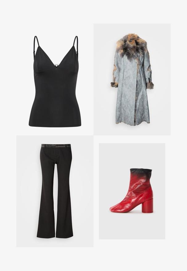 Grijze suède jas met een bontkraag en accenten. Heeft een wikkelontwerp, lange mouwen en uitsnijdingen op de mouwen.; Zwarte, getailleerde camisole met verstelbare dunne spaghettibandjes, V-hals, naadloos ontwerp en een zachte textuur. Gemaakt van een zachte, rekbare stof.; Zwarte uitlopende broek met een gestructureerde tailleband met metalen studs. De stof heeft een subtiele glans en een gladde afwerking.; Rode leren enkelboot met een gestructureerde afwerking, zwarte manchet en een stevige rode hak. Beschikt over een uniek puntig te ontwerp.