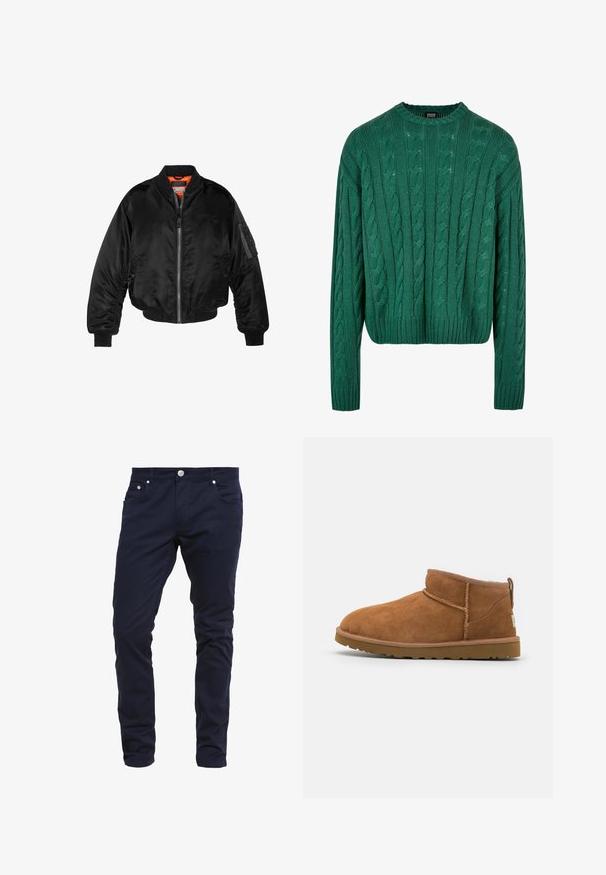 Juodas bomberio tipo švarkas, pagamintas iš blizgaus nailono audinio su lygiomis rankovėmis, užtrauktuku priekyje ir oranžine pamušalu. Su užtrauktuko kišene ant rankovės.; Žalias megztinis su kabeliniu raštu, apvaliu kaklu ir ilgomis rankovėmis. Turi trumpintą dizainą ir struktūruotą raštą visame megztinyje.; Tamsiai mėlynos lieknos formos kelnės, pagamintos iš medvilnės mišinio, su užsegimu mygtuku, penkiomis kišenėmis ir subtiliomis siuvimo detalėmis.; Šviesiai rudos nubuko aulinukai iki kulkšnies su apvaliu pirštu, subtiliomis siuvimo detalėmis ir tekstūruota guma padanga. Žemas aukštis be raištelių.