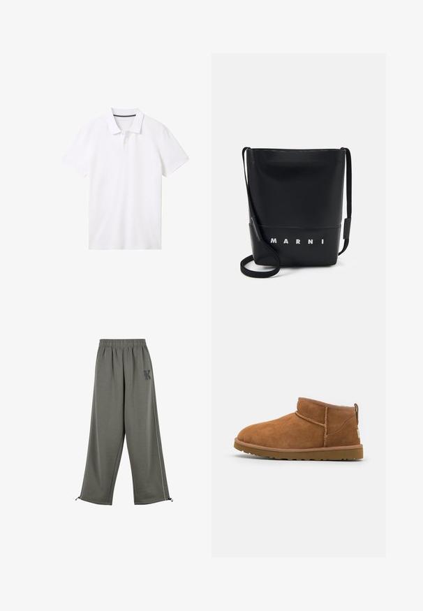 Čierna bomber bunda vyrobená z lesklého nylonového materiálu s rebrovými manžetami, predným zipsom a oranžovou podšívkou. Obsahuje zipsovú vrecko na rukáve.; Solid SDMAXWELL - Svetrík - slate black; TOM TAILOR BASIC - Polokošeľa - white; Karl Kani KK OS SIDESTRIPE - Nohavice - grey; Svetlohnedé semišové kotníkové boty s kulatou špičkou, jemnými stehy a texturovanou gumovou podrážkou. Krátká výška bez šněrování.; Čierna taška v tvare vedra vyrobená z textúrovanej kože s hladkým povrchom. Obsahuje strieborné logo "MARNI", nastaviteľný popruh a minimalistický dizajn.