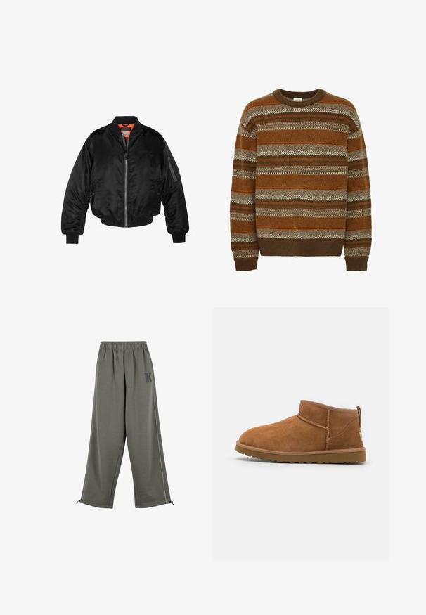 Giubbotto bomber nero realizzato in nylon lucido, con polsini a costine, chiusura con zip frontale e fodera arancione. Presenta una tasca con zip sulla manica.; Solid SDMAXWELL - Maglione - slate black; Karl Kani KK OS SIDESTRIPE - Pantaloni - grey; Stivaletto in camoscio color tan con punta rotonda, dettagli di cucitura discreti e suola in gomma texture. Altezza ridotta senza lacci.