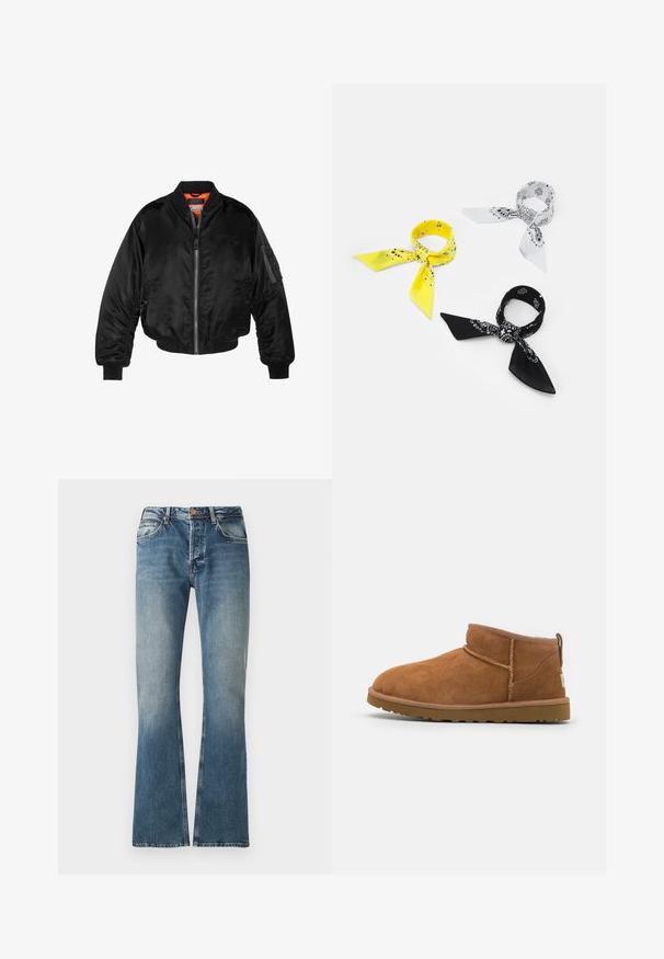 Must noirist bomber-jakk, mis on valmistatud läikivast nailonist kangast, ribikätistega, lukk ees ja oranž vooder. Omab lukuga taskut varruka peal.; Solid SDMAXWELL - Džemper - slate black; Sinine teksapükste mudel, millel on kulunud efekt, sirge jalg, nööp ja lukuga kinnitamine ning viie tasku disain.; Kerged suede pahklipüne, ümarate varvastega, delikaatsed õmblustead ja tekstureeritud kummist tald. Lühike kõrgus ilma paeltega.; Kolm bandaanat: üks kollane mustade mustritega, üks valge mustade disainidega ja üks must valgete graafikatega. Kõik on ruudukujulised ja kerged kangad.