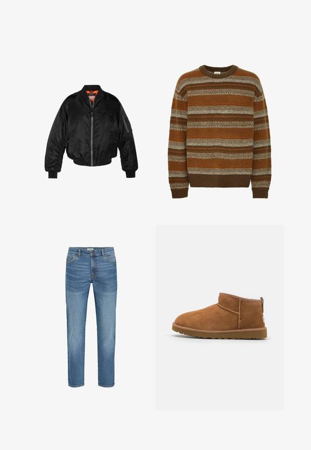 Melna bomber jaka, izgatavota no spīdīgas neilona auduma, ar ribotām aprocēm, ar rāvējslēdzēju priekšā un oranžu odere. Iespēja ir rāvējslēdzēja kabata uz piedurknes.; Solid SDMAXWELL - Džemperis - slate black; Gai zila denima bikses ar klasisku taisno kāju dizainu, kurām ir piecas kabatas, metāla pogu aizdare un neliela izbalēšana auduma virsmā.; Bēša zamšas potītes zābaks ar noapaļotu purngalu, smalkiem diegu dekorējumiem un teksturētu gumijas zoli. Īsa augstuma bez auklām.