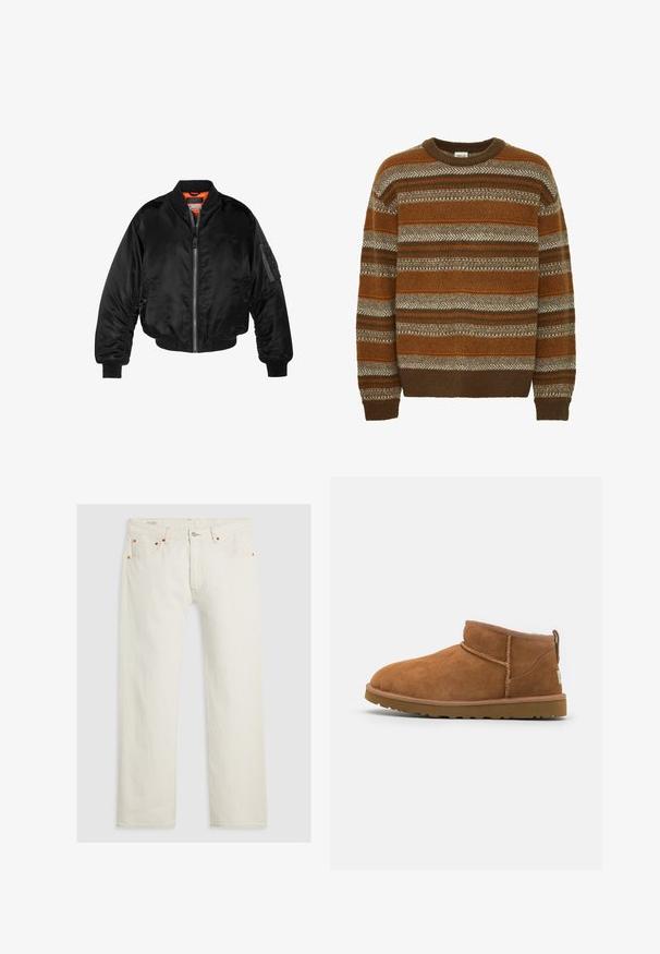 Sort bomberjakke lavet af skinnende nylonstof med ribbede manchetter, en lynlås fortil og en orange foring. Har en lynlåslomme på ærmet.; Solid SDMAXWELL - Striktrøje - slate black; Hvide denimjeans med lige ben, sølvknaplukning, orange syninger og fem lommer. Stoffet har en glat tekstur.; Sandal mellemhøje støvler i tan ruskind med en rund tå, subtile syninger og en tekstureret gummisål. Kort højde uden snørebånd.