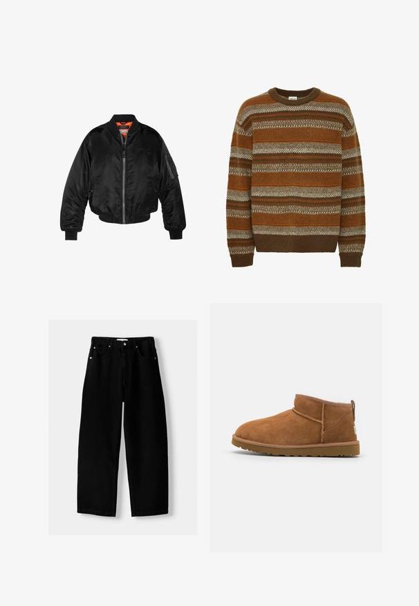 Sort bomberjakke lavet af skinnende nylonstof med ribbede manchetter, en lynlås fortil og en orange foring. Har en lynlåslomme på ærmet.; Solid SDMAXWELL - Striktrøje - slate black; Sorte denim jeans med en løs pasform, brede ben, fem lomme-design, metalknaplukning og ensfarvet syning.; Sandal mellemhøje støvler i tan ruskind med en rund tå, subtile syninger og en tekstureret gummisål. Kort højde uden snørebånd.