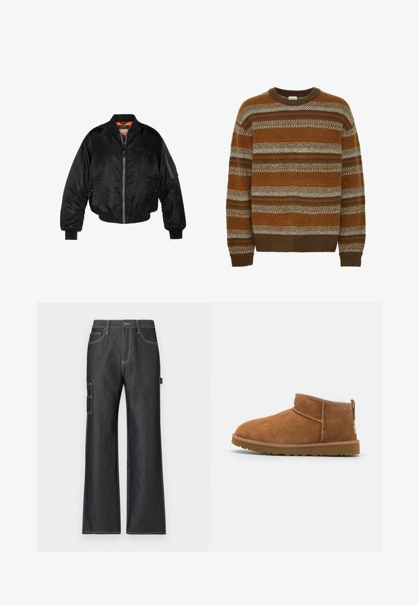 Svart bomberjakke laget av blank nylonstoff med ribbede mansjetter, glidelås foran og oransjefôr. Har en glidelåslomme på ermet.; Solid SDMAXWELL - Strikkegenser - slate black; Mørke denim cargo bukser med bred ben design, kontrasterende hvide syninger, sidelommer og en patchlomme på venstre ben.; Tan semsket ankelstøvel med rund tå, subtile stikninger og en teksturert gummisåle. Kort høyde uten snøring.