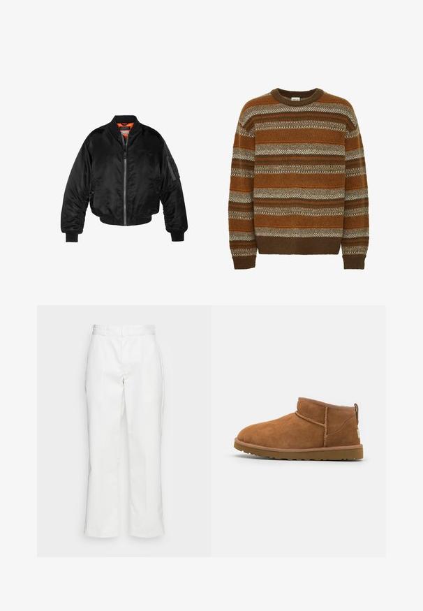 Zwarte bomberjack gemaakt van glanzende nylon stof met ribbelmanchetten, een ritssluiting aan de voorkant en een oranje voering. Bevat een ritssluiting zak op de mouw.; Solid SDMAXWELL - Trui - slate black; Witte katoenen broek met een recht model, riemlussen en zijzakken, met een gladde textuur en minimale detaillering.; Tan suède enkellaars met een ronde neus, subtiele stiksels en een gestructureerde rubberen zool. Korte hoogte zonder veters.