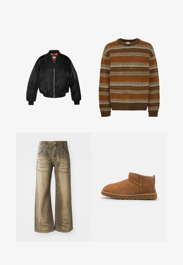 Schwarze Bomberjacke aus glänzendem Nylonstoff mit gerippten Bündchen, durchgehendem Reißverschluss und orangefarbenem Futter. Verfügt über eine Reißverschlusstasche am Ärmel.; Solid SDMAXWELL - Strickpullover - slate black; Weite Jeans in einem verblassten Braunton, mit Abnutzungseffekten, einem Knopfverschluss und einem Five-Pocket-Design. Glatte Denim-Textur.; Hellbraune Wildleder-Stiefelette mit runder Zehenform, dezenten Nähdetails und einer strukturierten Gummisohle. Kurze Höhe ohne Schnürsenkel.