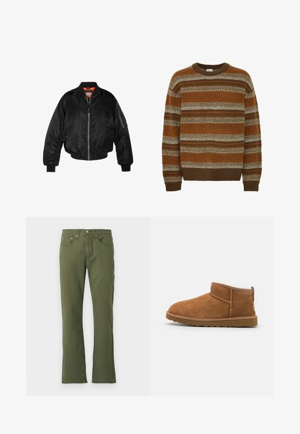 Černá bomber bunda vyrobená z lesklého nylonového materiálu s žebrovanými manžetami, zapínáním na zip a oranžovou podšívkou. Obsahuje zipovou kapsu na rukávu.; Solid SDMAXWELL - Svetr - slate black; Olivově zelené rozšířené džíny vyrobené z bavlny s hladkým povrchem; obsahují pět kapes, zapínání na knoflík a jemné prošívání.; Světlé semišové kotníkové boty s kulatou špičkou, jemnými švy a texturovanou gumovou podrážkou. Krátká výška bez šněrování.