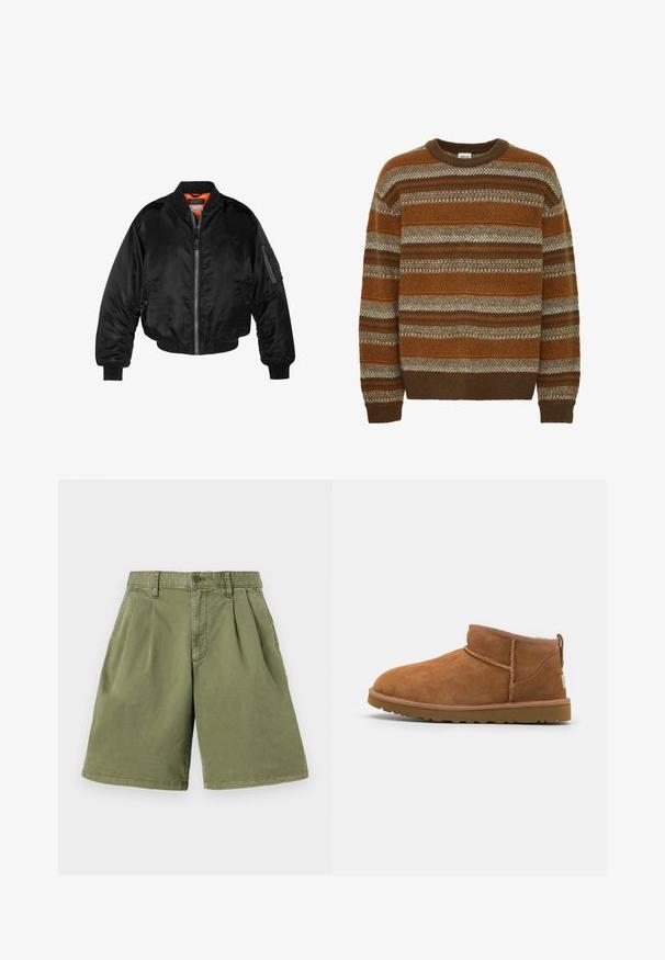 Crna bomberska jakna izrađena od sjajnog najlonskog materijala s rebrastim manžetama, prednjim zatvaračem i narančastim podstavom. Ima zip džep na rukavu.; Solid SDMAXWELL - Vesta - slate black; Khačare kratke hlače s prednjim naborima, izrađene od pamučne mješavine. Imaju petlje za remen i zatvaranje na dugme, s ravnim krojem i čistim rubom.; Tamnasti antilop čizme do gležnja s zaobljenim vrhom, suptilnim detaljima šivanja i teksturiranom gumom potplatom. Niska visina bez pertli.