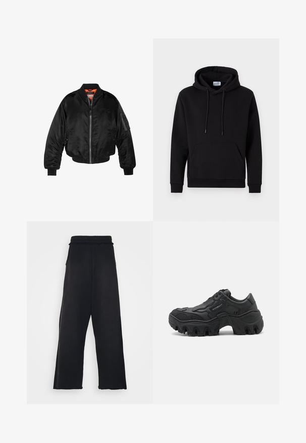 Svart bomberjacka i glänsande nylon med ribbad mudd, dragkedja fram och orange foder. Har en ficka med dragkedja på ärmen.; Svart hoodie i bomullsrik tyg, med en framficka, dragsko i huvan och ribbade ärmslut. Enkel och avslappnad design.; Svarta sweatpants med elastisk midja, vida ben och sidofickor. Tillverkade av mjukt tyg med en slät yta.; Svart chunky sneaker med tjock lug-sula, texturerade sidoventiler, snörning framtill och varumärkesnamnet "ROMBAUT" på sidopanelen.