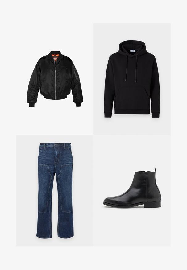 Musta pommittaja-takki, joka on valmistettu kiiltävästä nailonista, ribbettyistä hihansuista, vetoketjukiinnityksestä ja oranssista vuorauksesta. Takissa on vetoketjullinen tasku hihassa.; Mustapusero, joka on valmistettu puuvilla-rikkaasta kankaasta, sisältää etutaskun, nyörikuvaa hupussa ja joustavat hihansuut. Yksinkertainen ja rento muotoilu.; Tummansiniset farkut, joissa on rento malli, leveät lahkeet ja etupuolella läpätaskut. Sileä rakenne, jossa on vain vähän ommeltuja yksityiskohtia.; Zign LEATHER - Klassiset nilkkurit - black